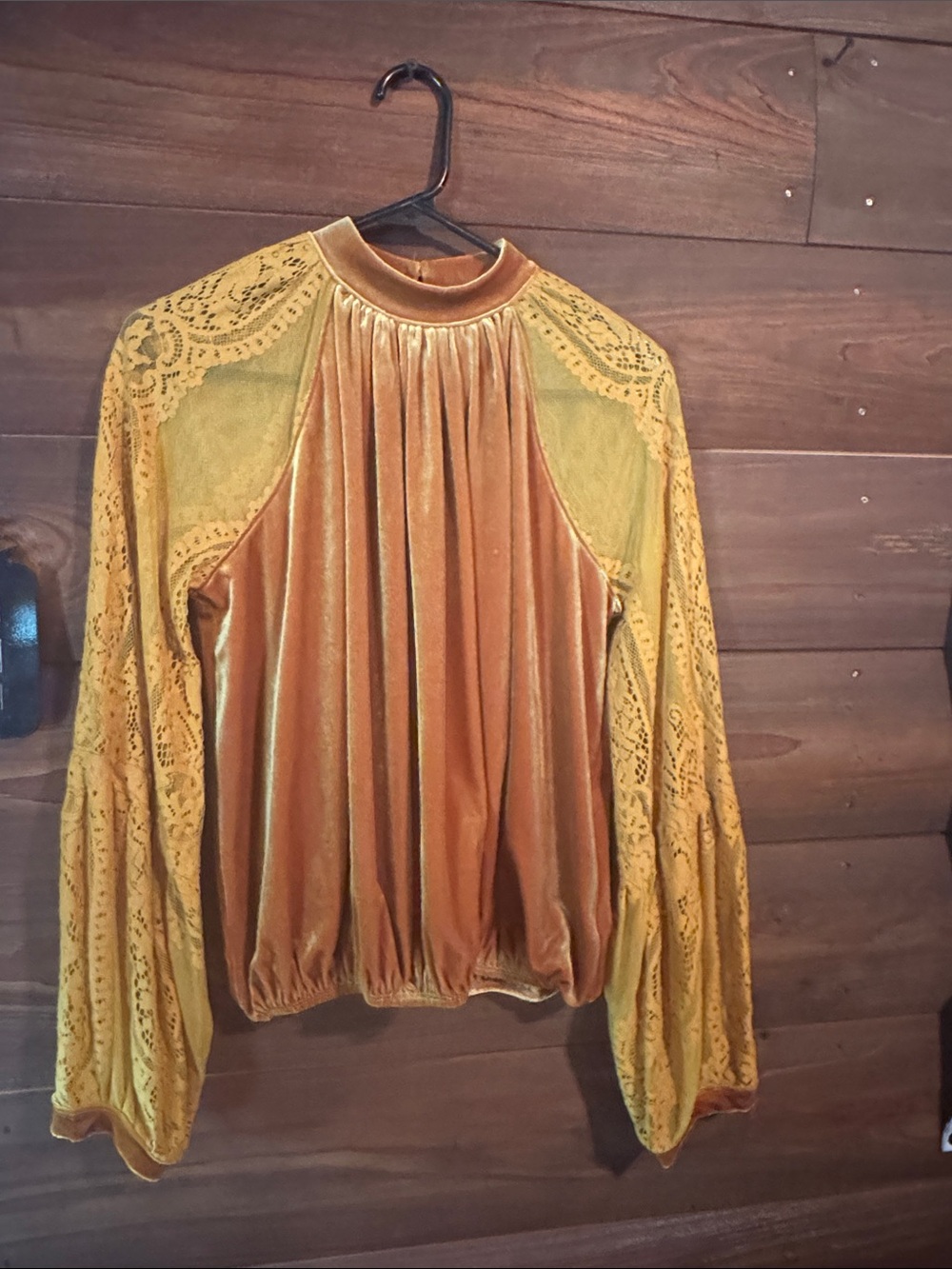 Free People Velvet and Lace Raglan Long Sleeve Top - Mustard Gold